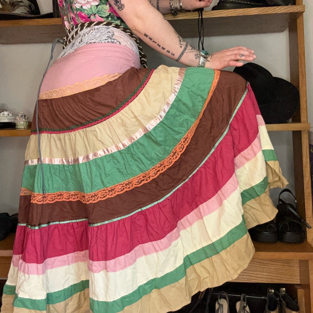 Maxi Peasant Tiered Skirt in Pink and Brown
